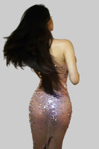 Rhinestone Evening Dress - Sheer Bodycon Maxi Gown with Diamond Embellishments