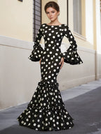 Elegant Party Long Dress Women Polka Dot Printed Ruffle Hem Sundress 2025 Bohemian Casual O-neck Flare Sleeve Slim Maxi Robe
