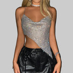 Rhinestone Metal Halter Crop Top - Backless V-Neck Camisole