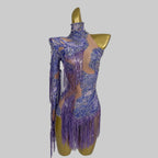 Purple Sequin Fringe Bodysuit - Sparkly Tassel Performance Leotard for Stage & Dance