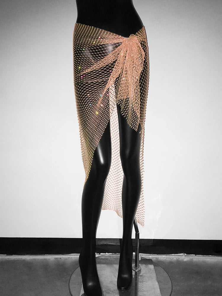 Rhinestone Mesh Bandage Mini Skirt