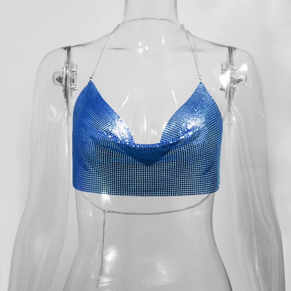 Metallic Glitter Halter Crop Top - Backless Corset Tank