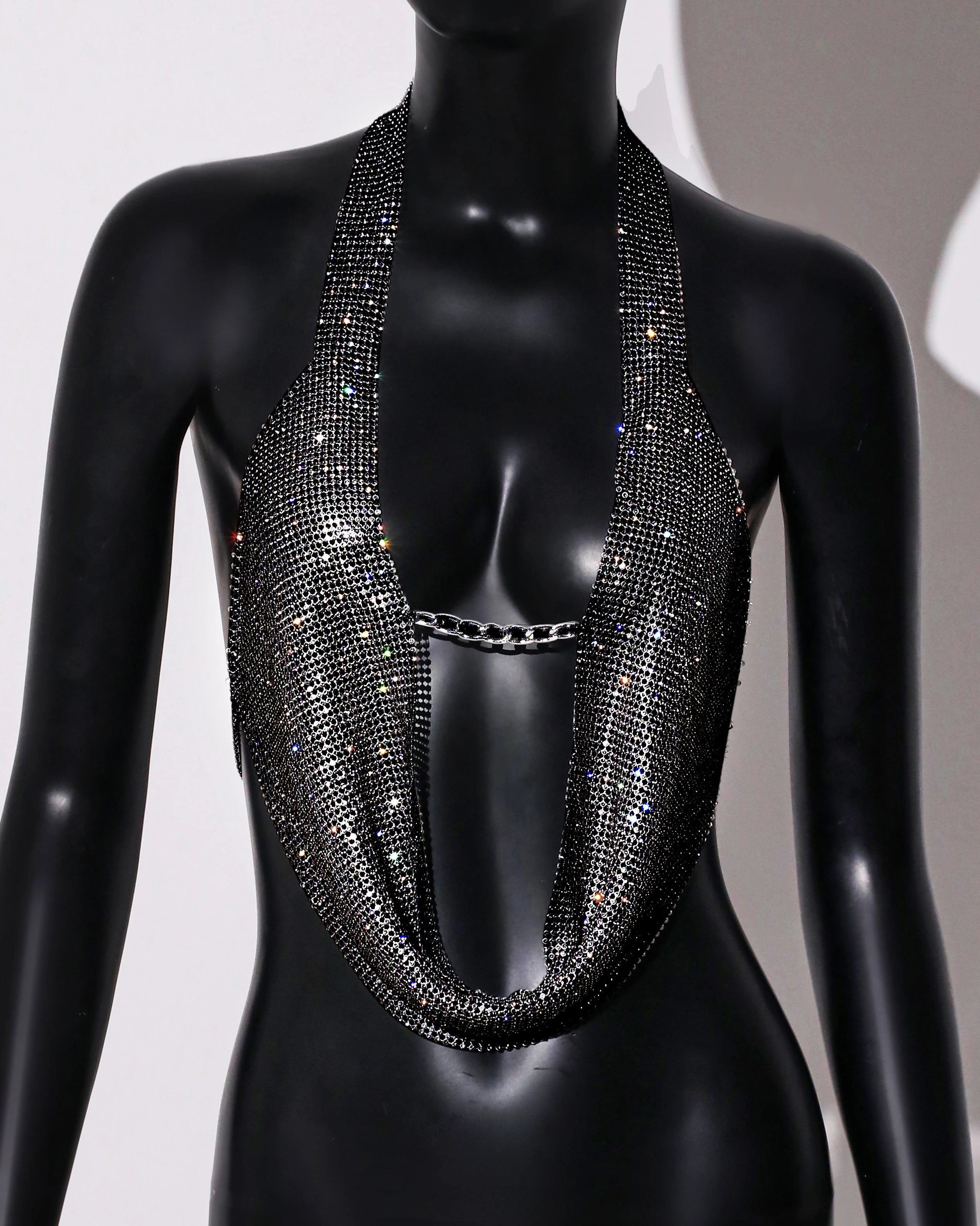 Rhinestone Chain Halter Crop Top - Metal Chain Strap Festival Top