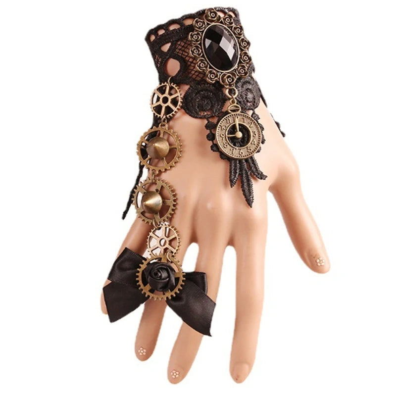 Steampunk Gear Bracelet with Finger Ring | Black & Khaki