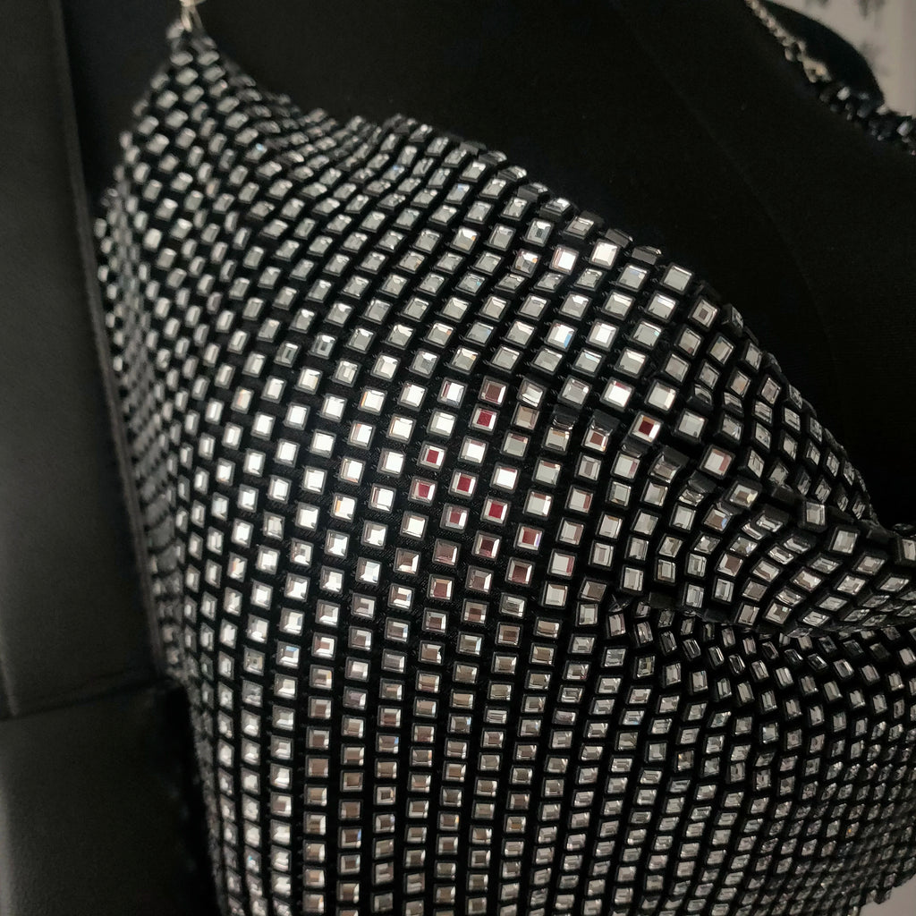 Rhinestone Metal Chain Halter Crop Top - Deep V-Neck Backless Tank for Stage & Festival