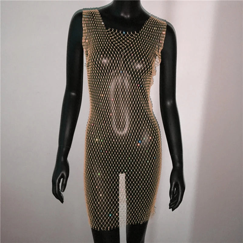 Rhinestone Fishnet Grid Mini Dress