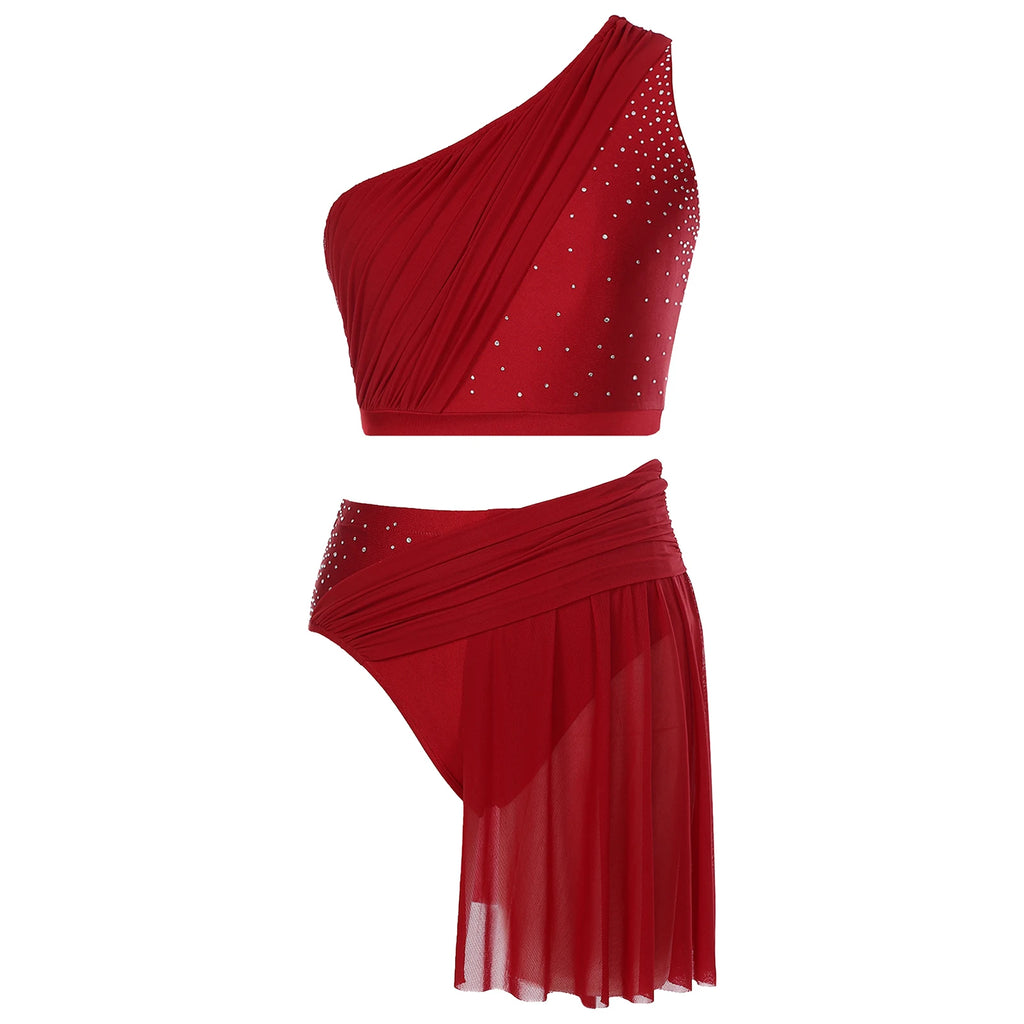 One Shoulder Rhinestone Dance Set | Crop Top & Skirted Brief