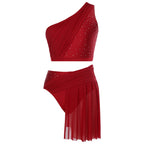 One Shoulder Rhinestone Dance Set | Crop Top & Skirted Brief