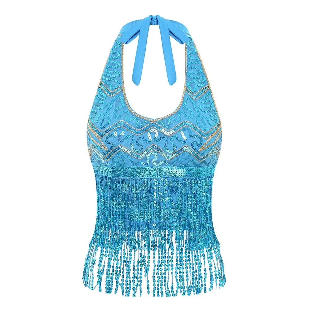 Sequin Fringe Halter Belly Dance Top | Built-In Pads | Festival & Stage | One Size