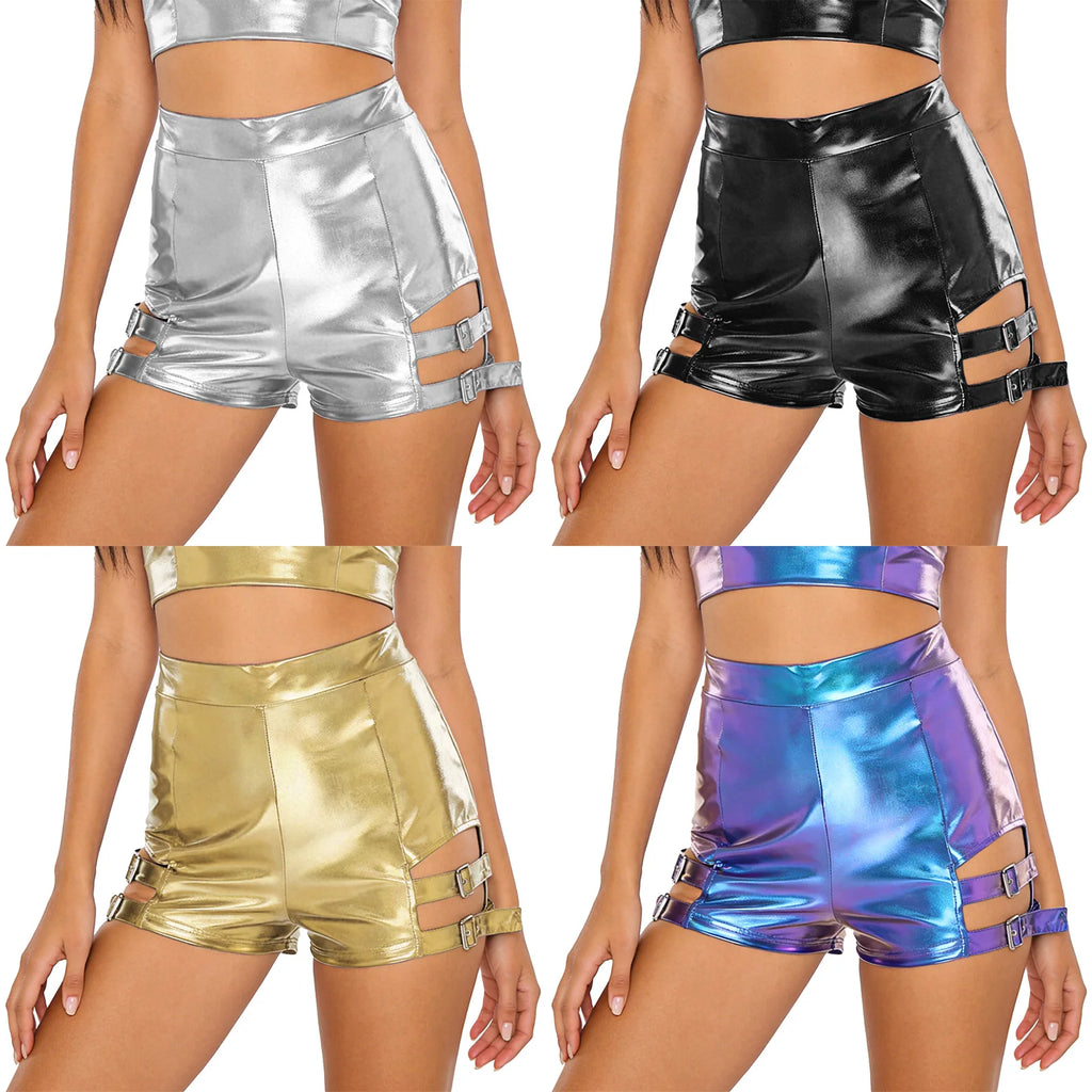 Holographic High-Waist Shorts | Cutout + Metal Buckles