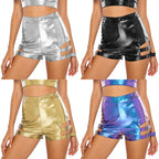 Holographic High-Waist Shorts | Cutout + Metal Buckles