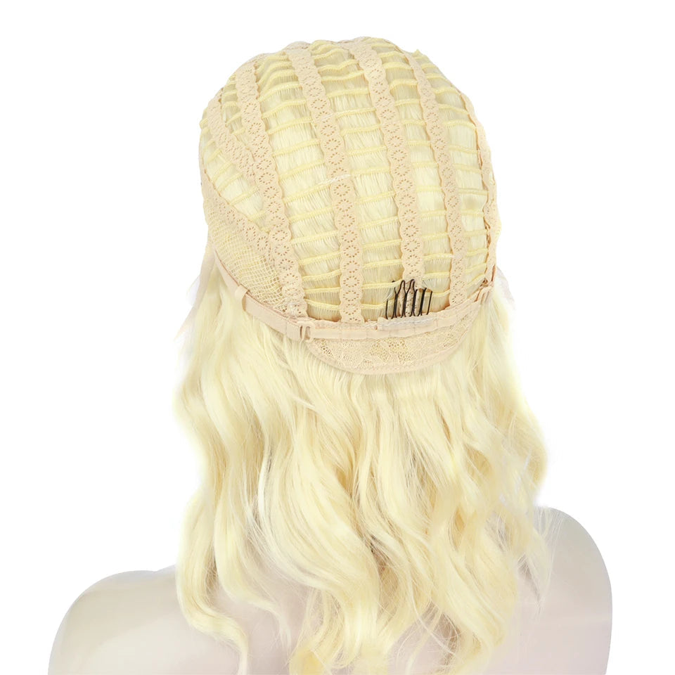 14" Platinum Blonde Deep Wave Lace Front Wig - Heat Resistant Synthetic Wig for Performers