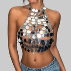 Acrylic Sequin Tassel Halter Crop Top - Handmade Backless Tank