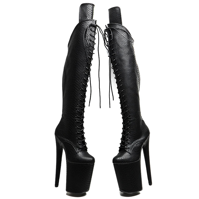 23CM Snakeskin Platform Pole Dance Knee-High Boots - 9 Inch High Heel Closed Toe Boots