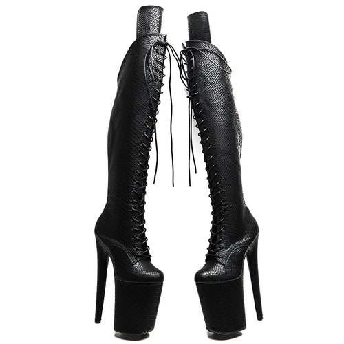 23CM Snakeskin Platform Pole Dance Knee-High Boots - 9 Inch High Heel Closed Toe Boots