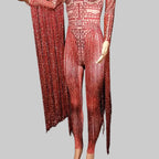 Red Fringe Rhinestone Jumpsuit - Long Sleeve Stretch Leotard for Pole Dance & Stage