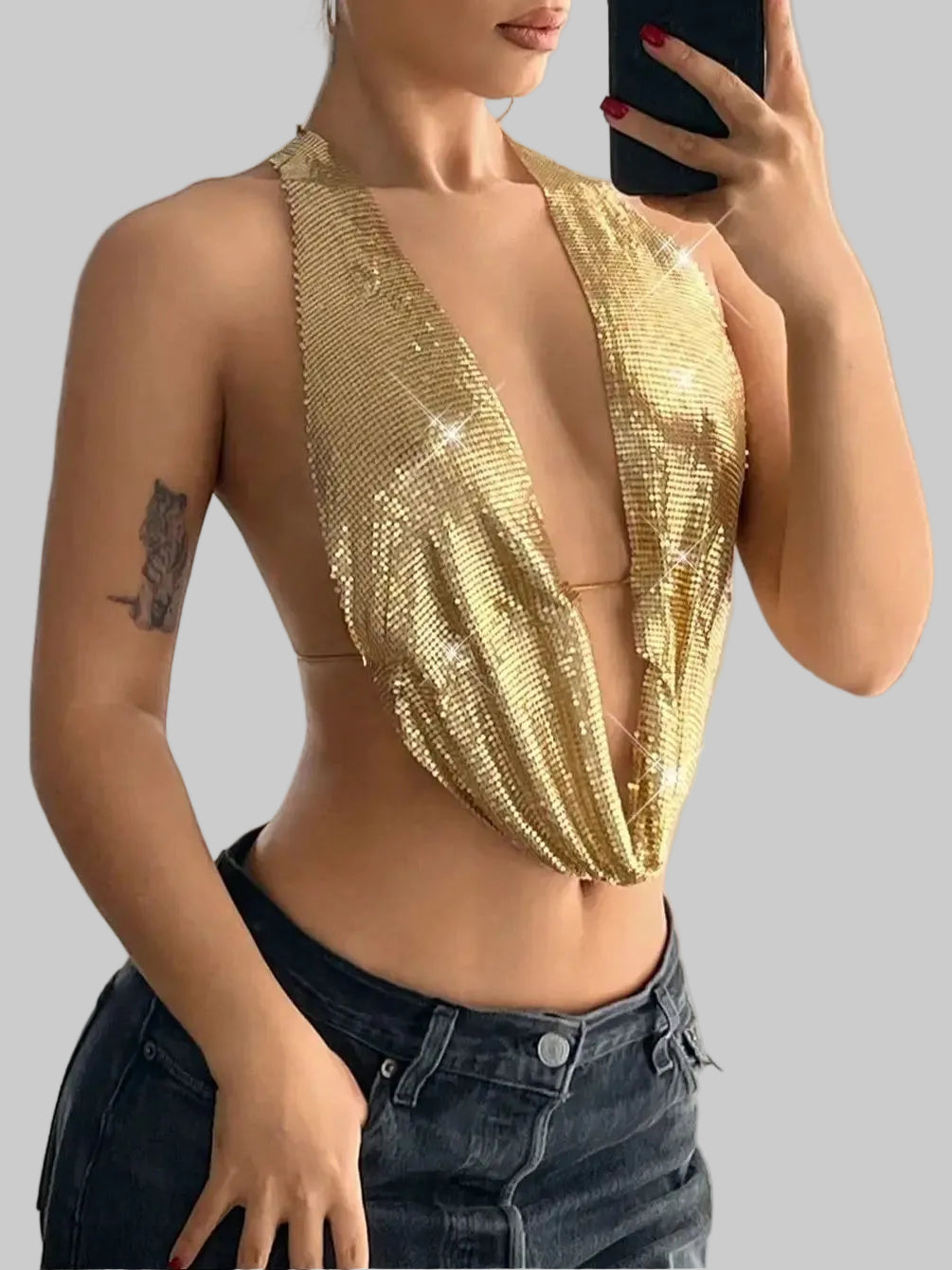 Sequin Halter Backless Camisole - Deep V Neck Crop Top