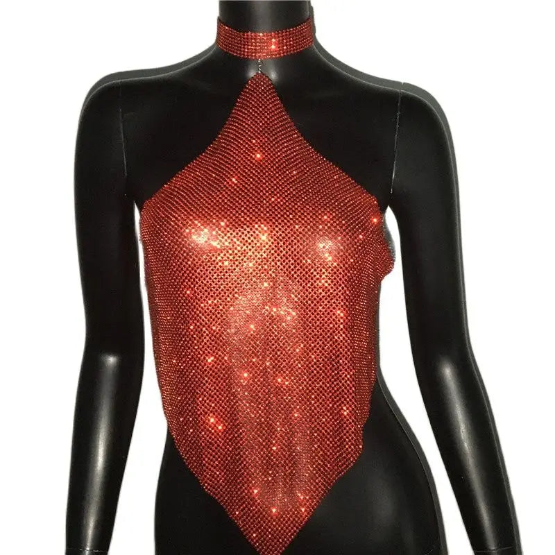 Crystal Rhinestone Halter Mesh Crop Top