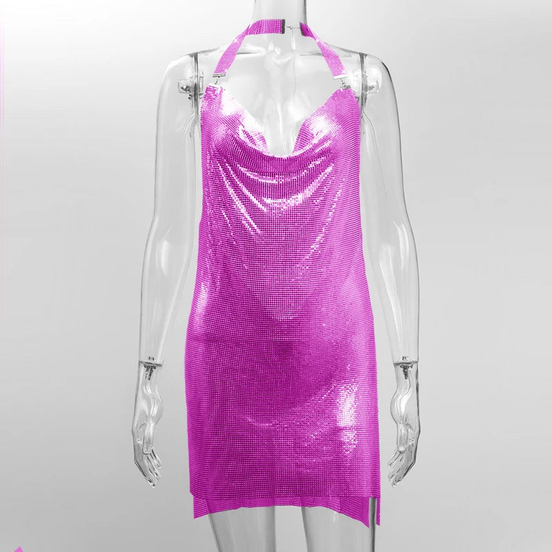 Sequin Halter Mini Dress - Backless with Side Split