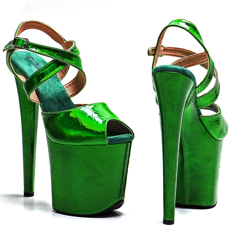 20CM Holographic Snakeskin Platform Pole Dance Heels - 8 Inch High Heel Performance Sandals