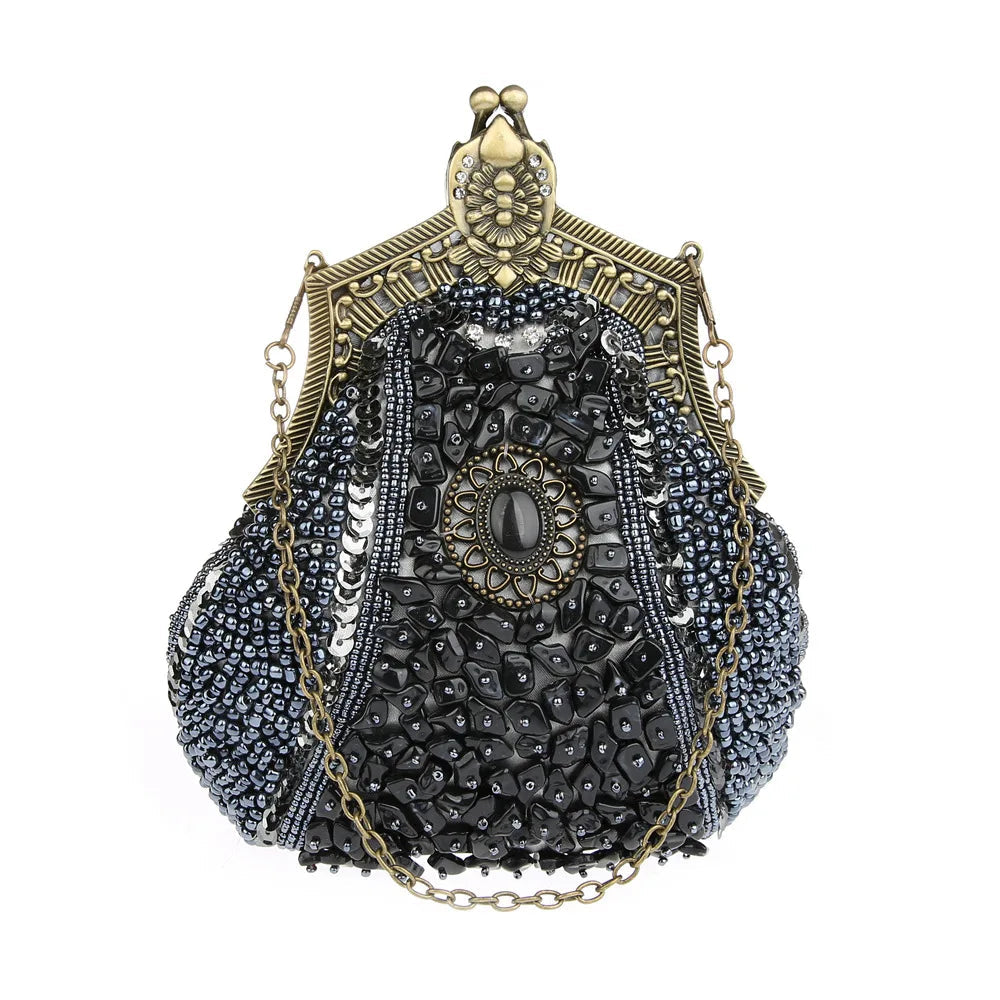 Retro Pearl & Sequin Beaded Clutch | Antique Gold Frame Bag