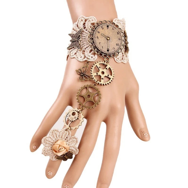 Steampunk Gear Bracelet with Finger Ring | Black & Khaki