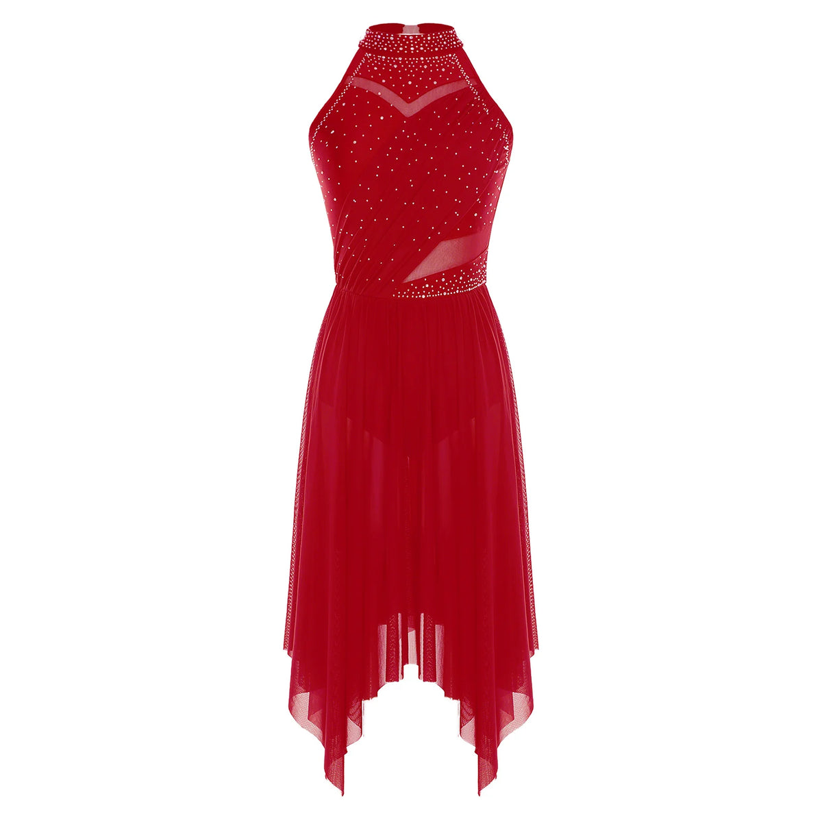 Women's Rhinestone Halter Lyrical Dance Dress | Irregular Mesh Ruffle Hem | Competition & Performance