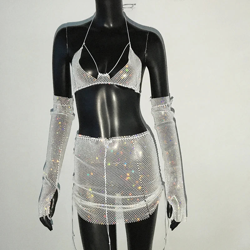 Rhinestone 3-Piece Festival Set - Sheer Crop Top, Mini Skirt & Sleeves