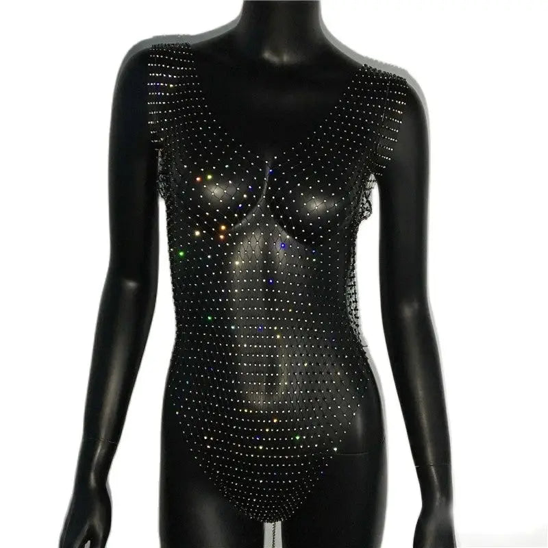 Rhinestone Fishnet Swimsuit Cover-Up - V-Neck See-Through Bodysuit