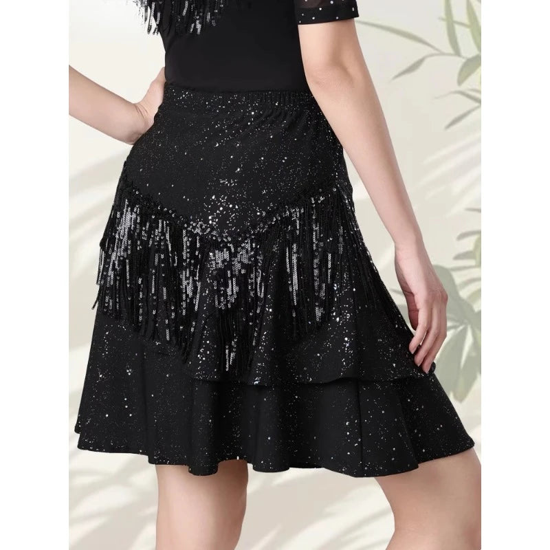 Tiered Ruffle Latin Dance Skirt | Metallic Shimmer | Practice & Performance | Black