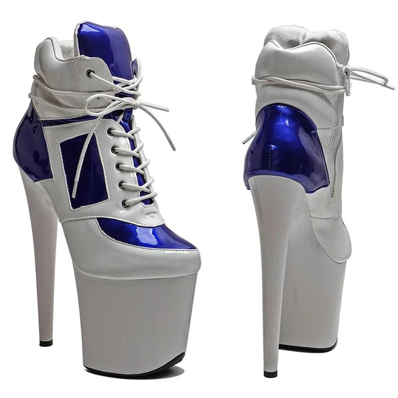 8-Inch Patent Platform Boots - White Blue Ankle Dance Boots