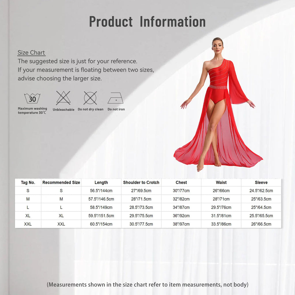 Women's Rhinestone One-Shoulder Lyrical Dance Dress | Flared Sleeve & Open-Front Mesh Maxi Skirt