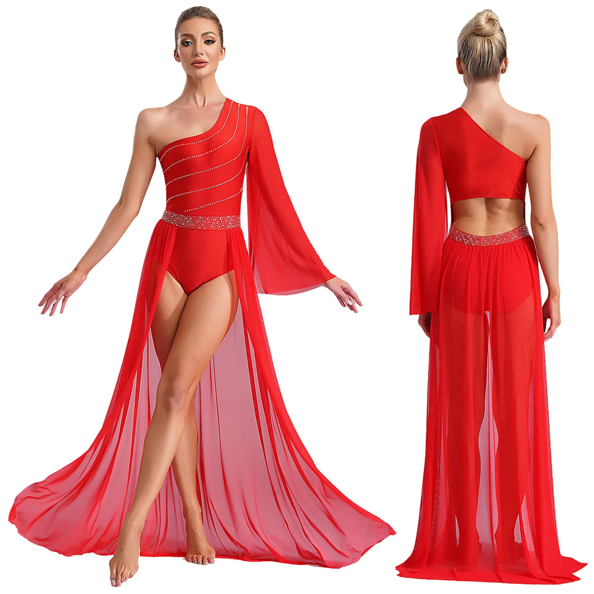 Women's Rhinestone One-Shoulder Lyrical Dance Dress | Flared Sleeve & Open-Front Mesh Maxi Skirt