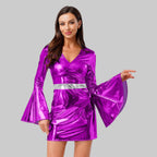 Women's Crystal 70s Disco Mini Dress - Metallic V-Neck Bodycon Costume