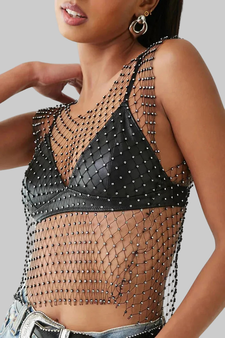 Fishnet Rhinestone Crop Top - Sheer Mesh Tank with Crystal Diamonds