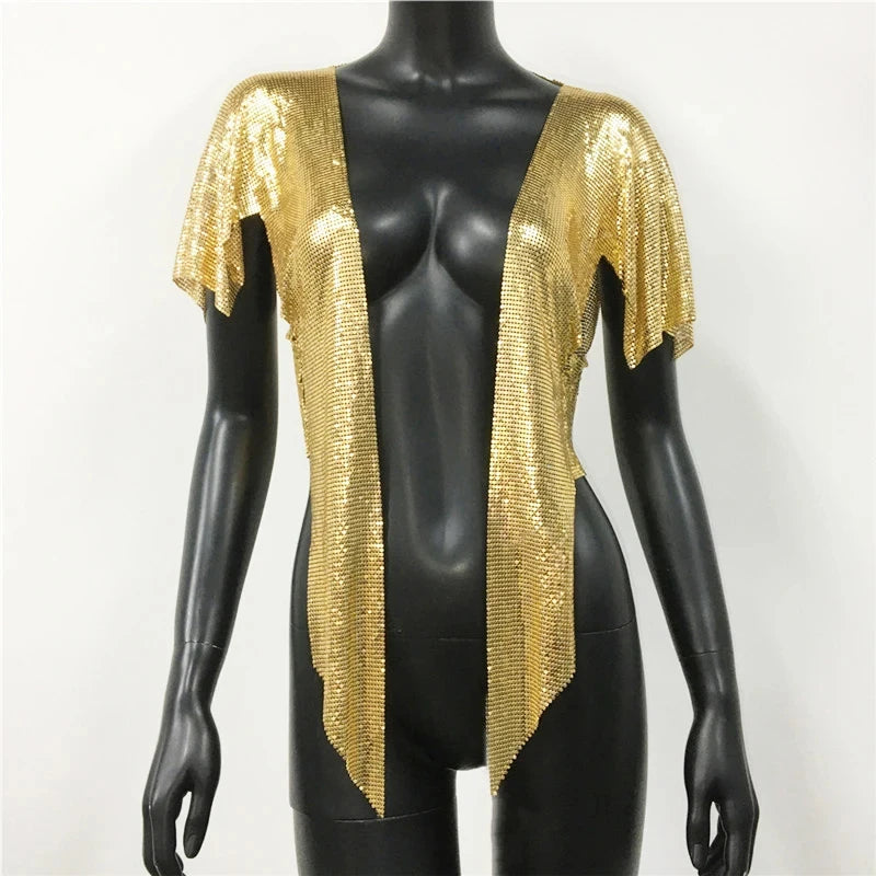 Metal Sequin Crop Cardigan - V-Neck Festival Performance Top
