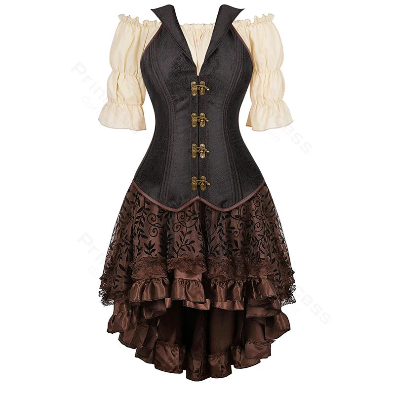 Steampunk Corset Dress Set | Off-Shoulder Blouse & Skirt | S-XXL