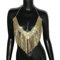 Rhinestone Tassel Halter Crop Top - Backless Sequin Party Top