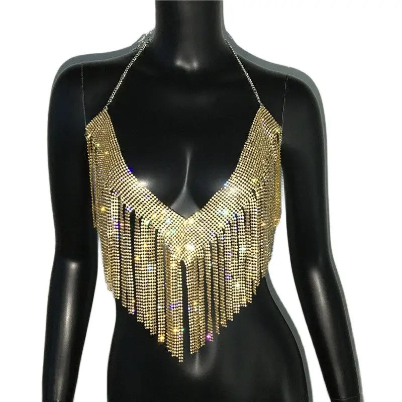 Rhinestone Tassel Halter Crop Top - Backless Sequin Party Top