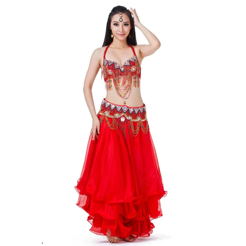 Rhinestone Belly Dance Costume Set | Bra, Belt & Ruffle Skirt