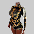Luxe Black & Gold Diamond Embellished Fringe Bodysuit – Stage Performance Edition
