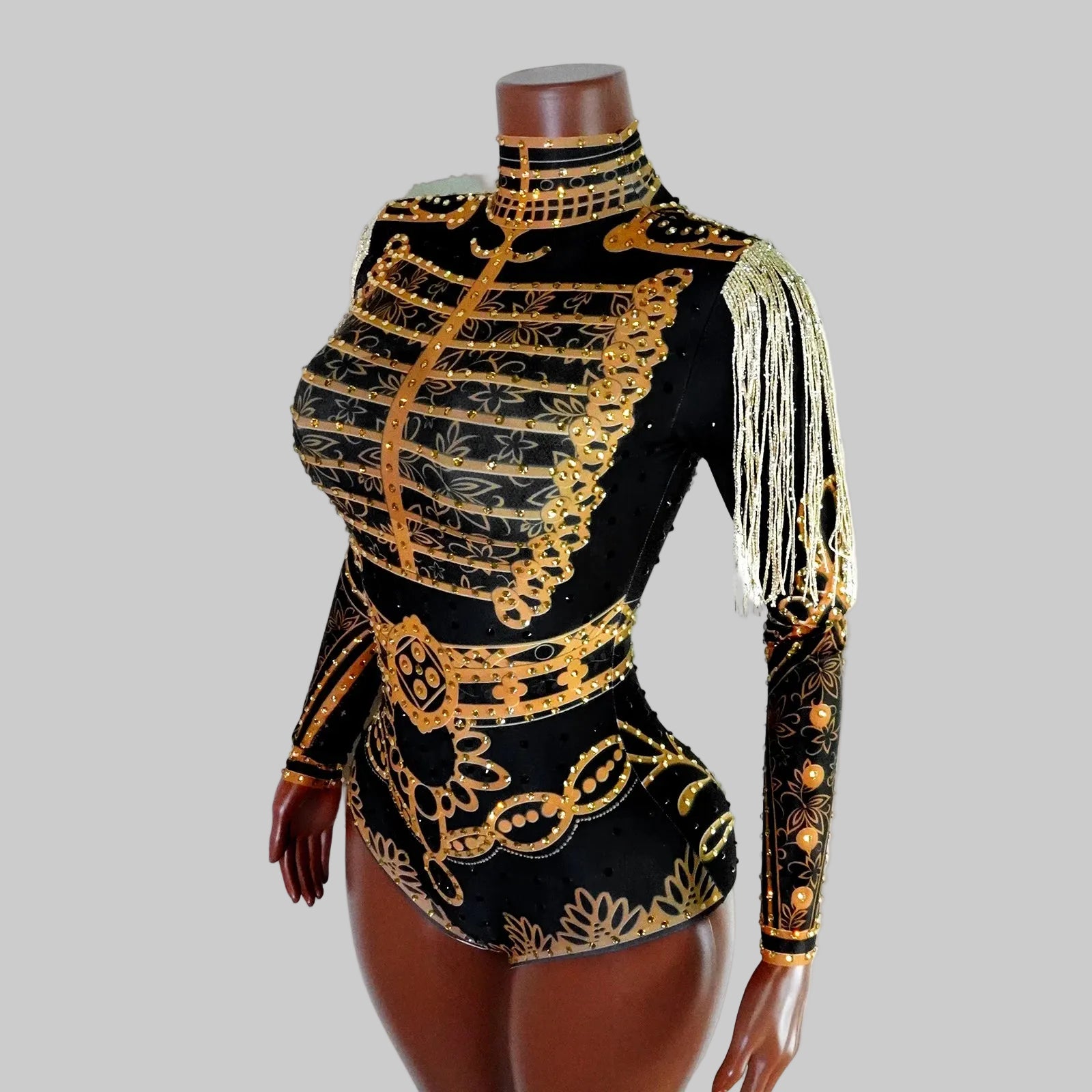 Luxe Black & Gold Diamond Embellished Fringe Bodysuit – Stage Performance Edition