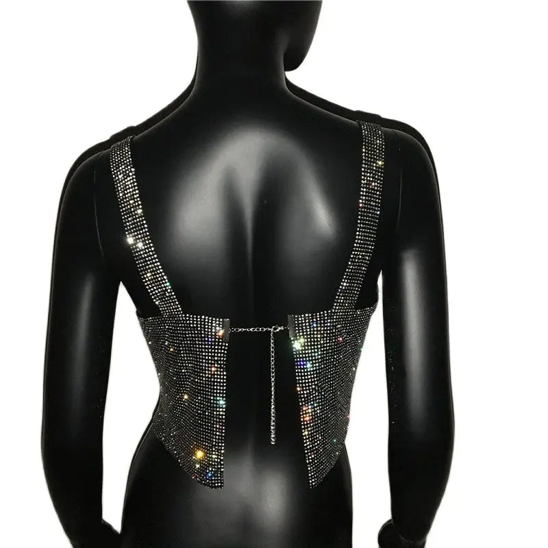 Rhinestone Backless Crop Top - Sparkly Sequin Camisole Tank