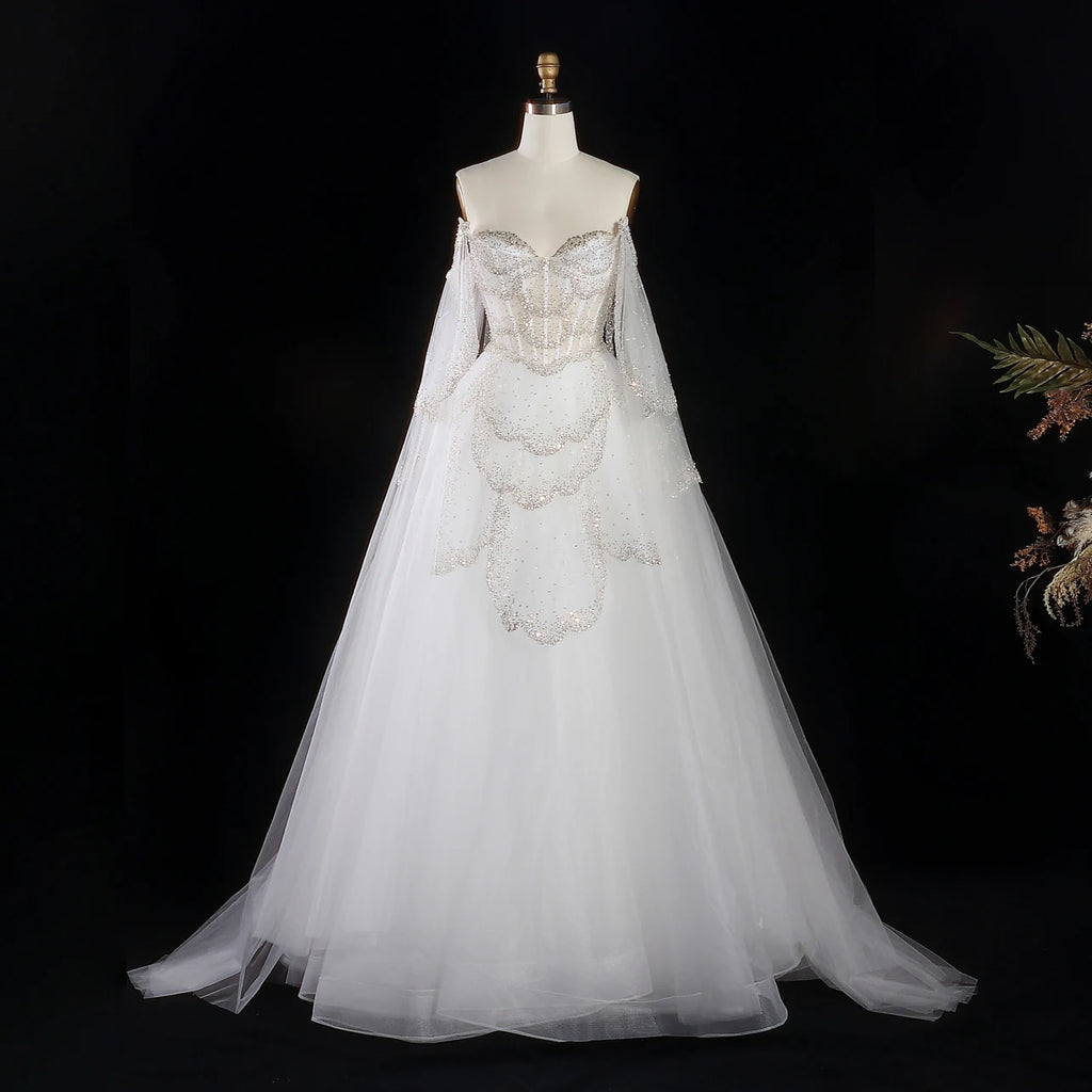 Elegant Off-Shoulder Gown | Crystal Beading | Cape Sleeves