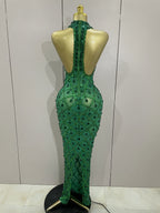Diamond Sequin Mesh Halter Maxi Gown | Rhinestone | Stage