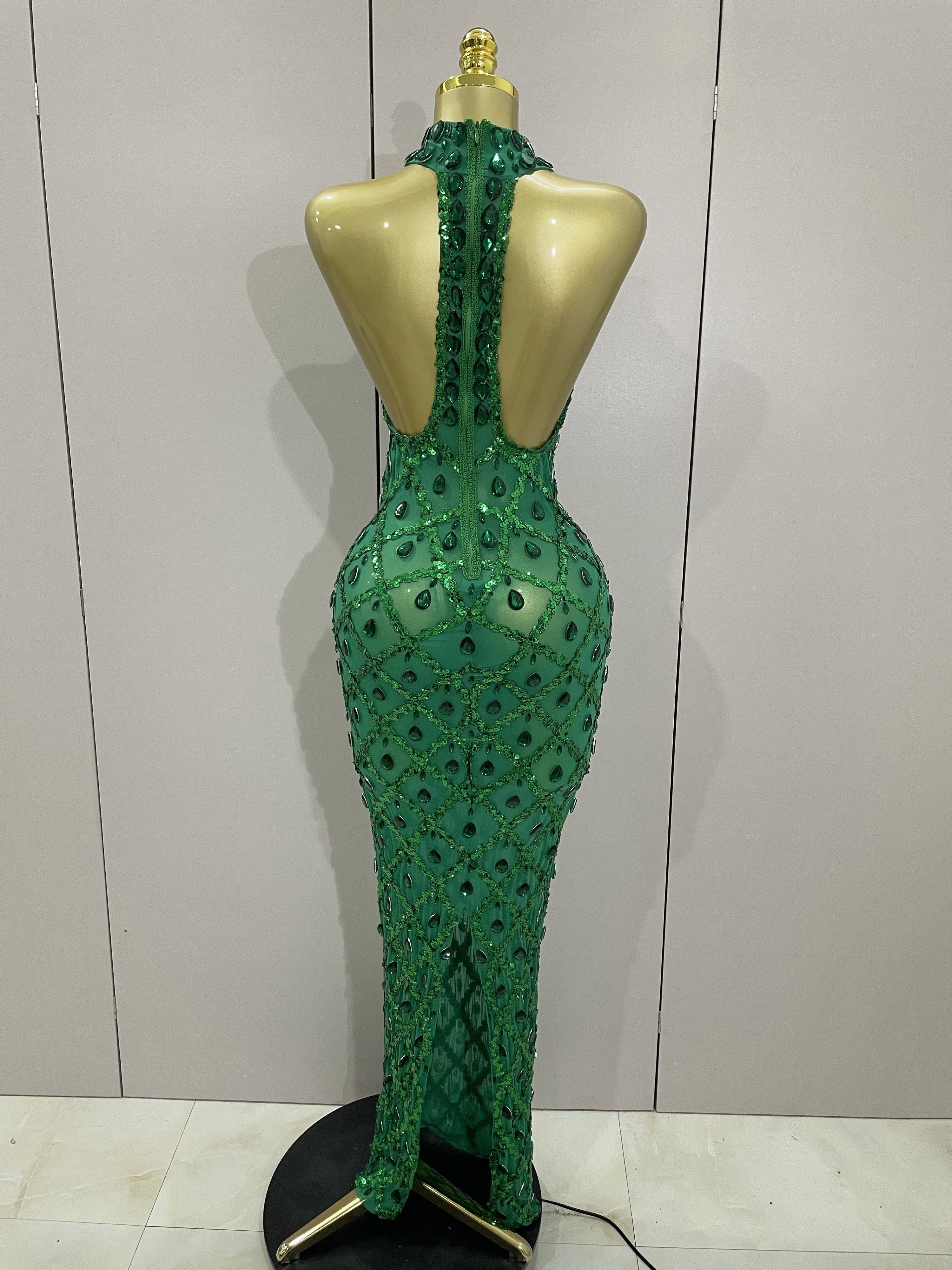 Diamond Sequin Mesh Halter Maxi Gown | Rhinestone | Stage