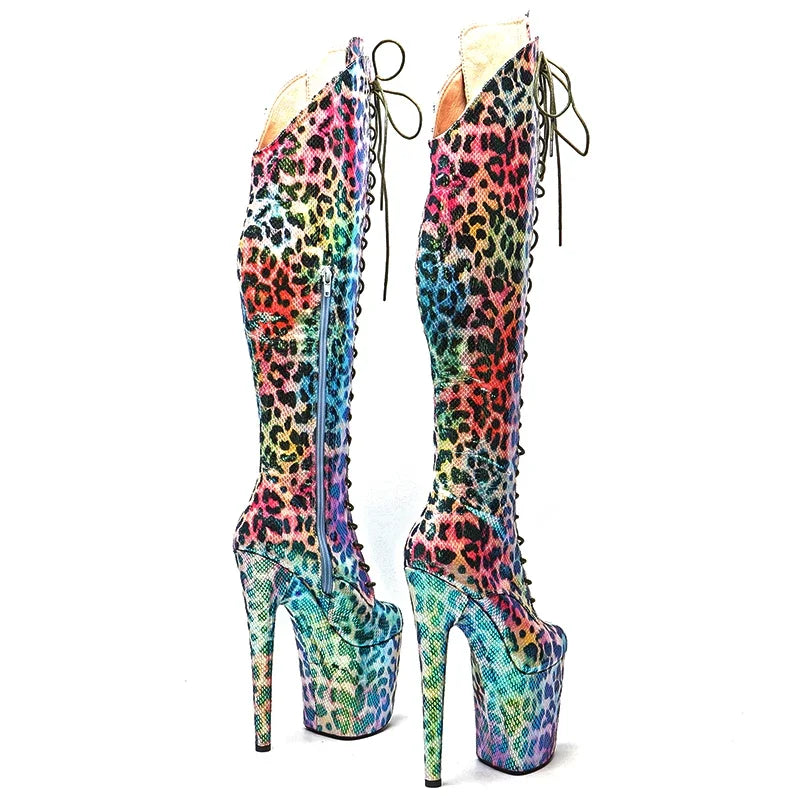 8-Inch Shiny Leopard Platform Boots with Cut-Outs