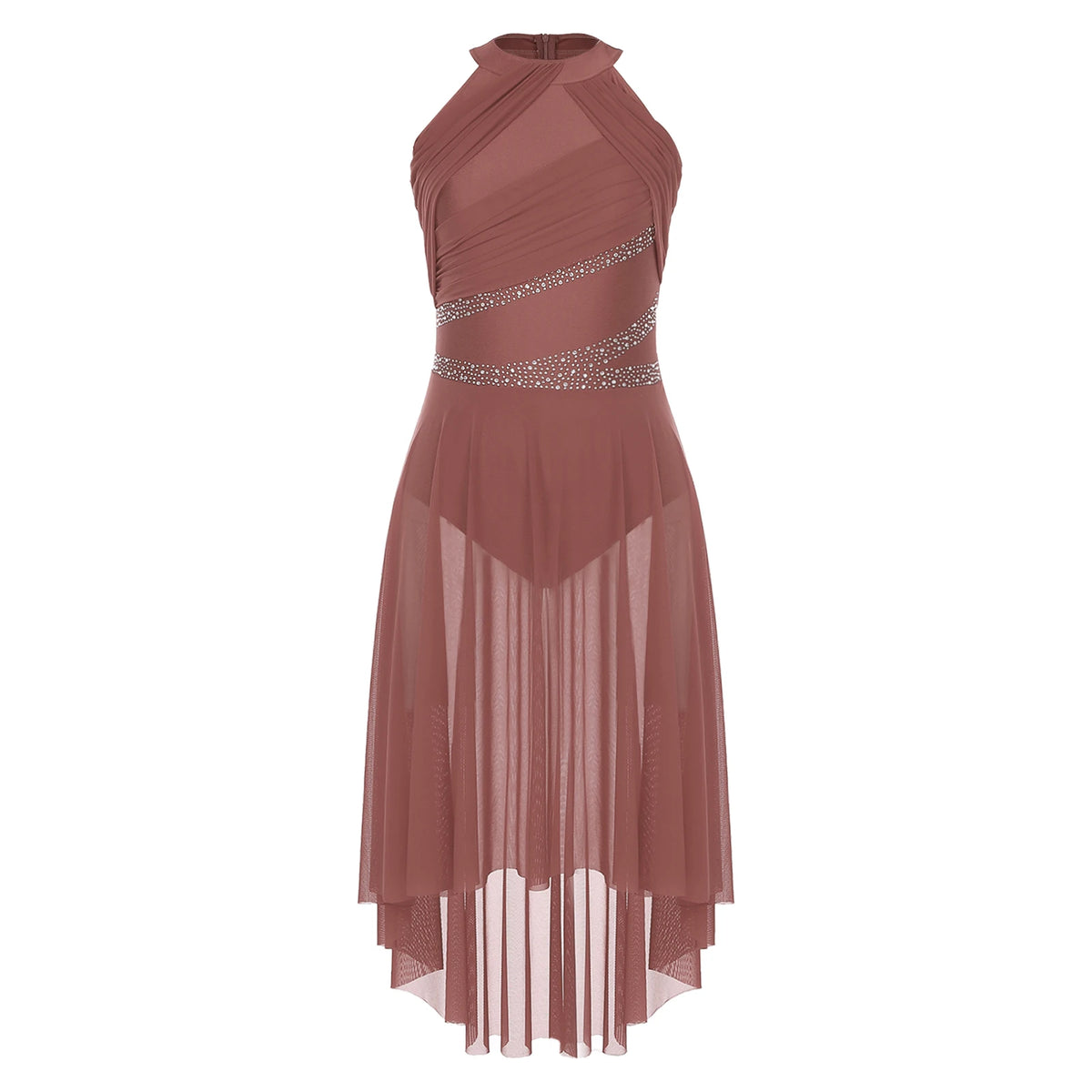 Women's Rhinestone Ruched Lyrical Dance Dress | Halter | Asymmetric Hem | 6 Colors | S–XXL