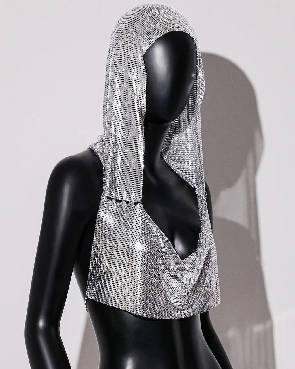 Hooded Sequin Crop Top with Deep V-Neck