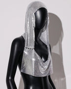 Hooded Sequin Crop Top with Deep V-Neck